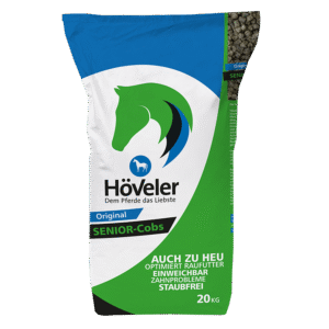 Die Höveler Senior-Cobs sind eine hochwertige, staubfreie und einweichbare Raufutter-Ergänzung für ältere Pferde mit Zahnproblemen, die die notwendige Rohfaserzufuhr sichern und so Verdauung und Vitalität unterstützen.